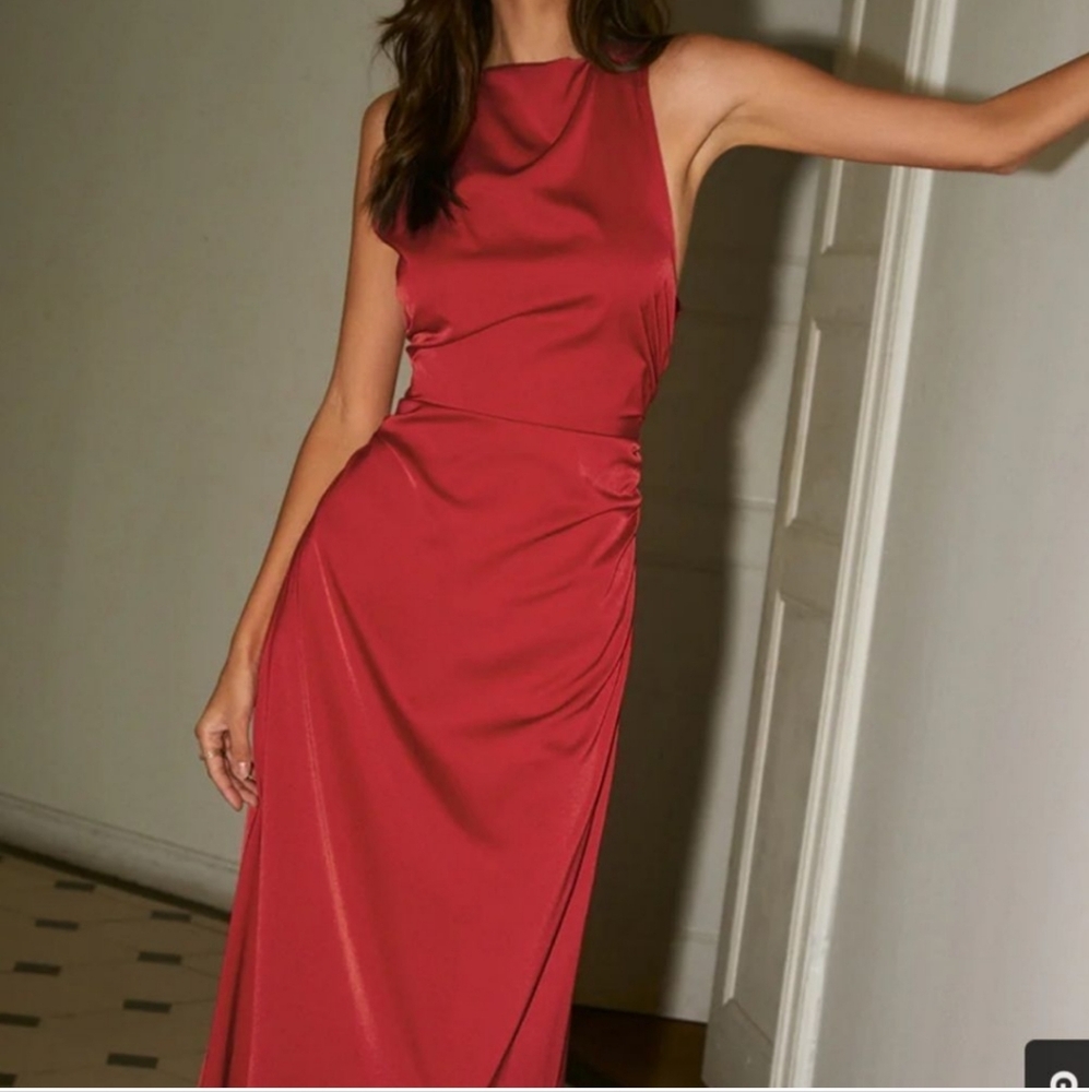Commense Satin Red Dress Cross Strap Maxi Elegant Revolve SZ XS NWT